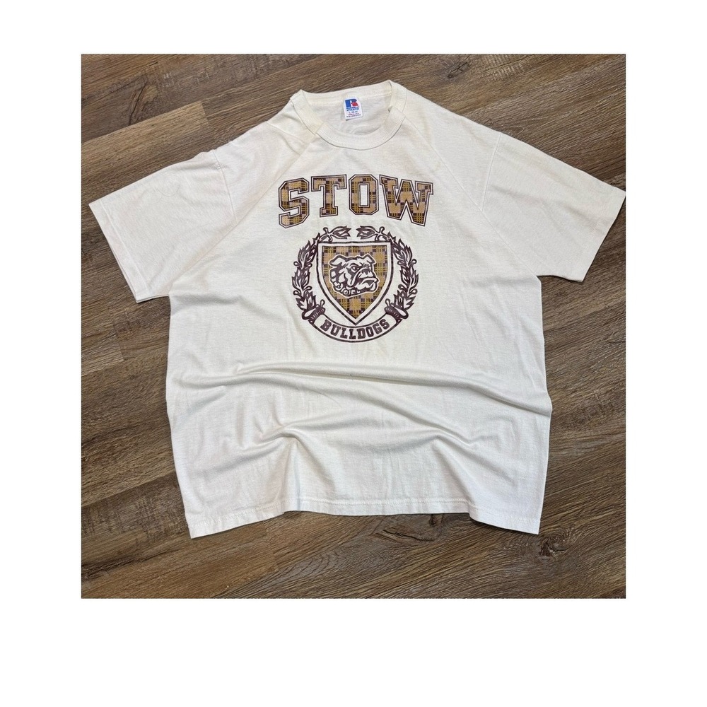 Vintage Russell Athletic Stow Bulldogs T‎ Shirt 90s Single Stitch Cream Large
